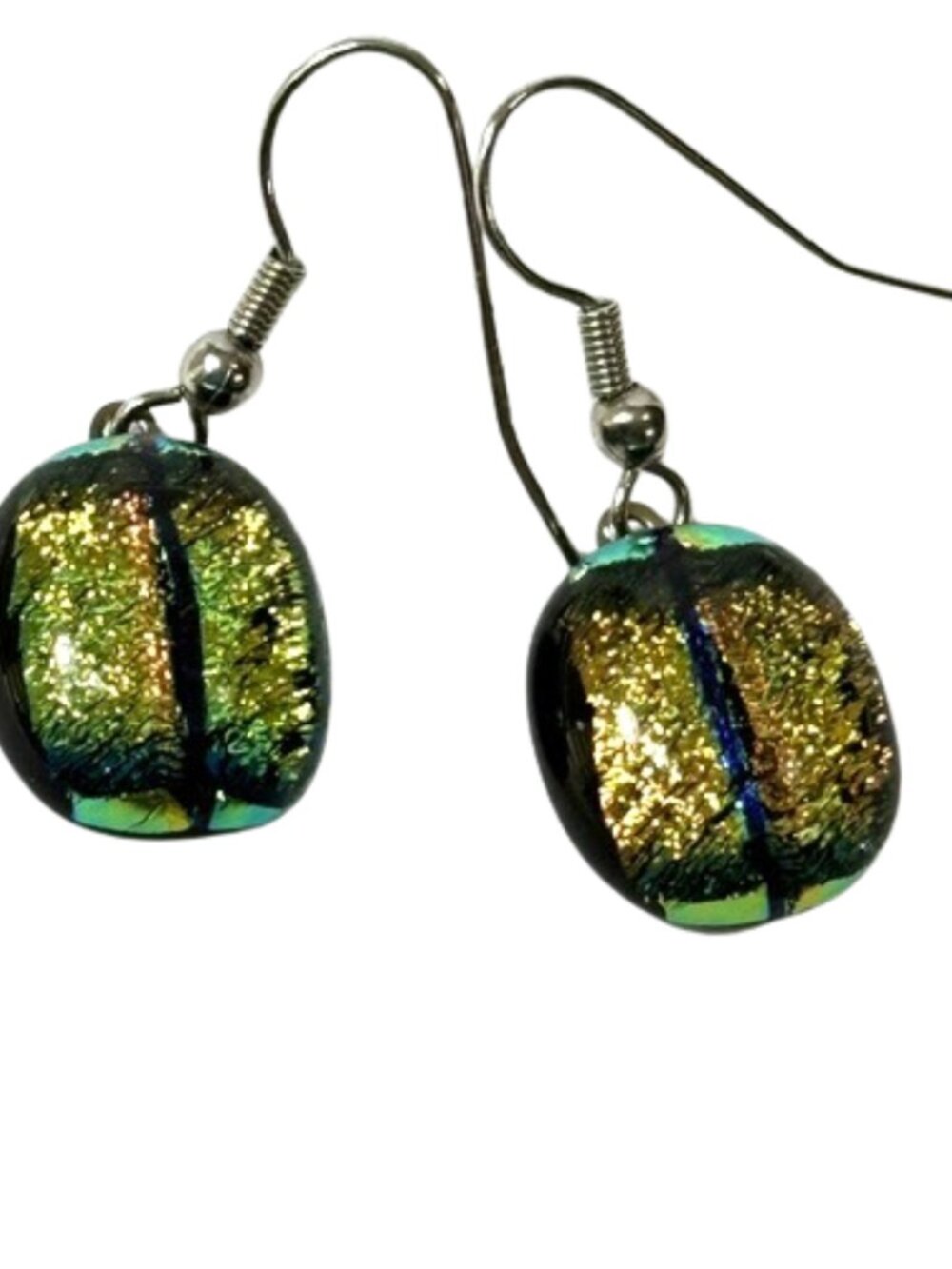 Dichroic glass earrings in green, copper, gold shimmer.